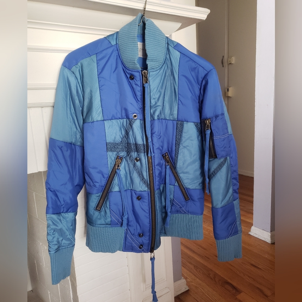 Greg Lauren Stylish Blue Patchwork Bomber Jacket Made Frome Vintage Parachute